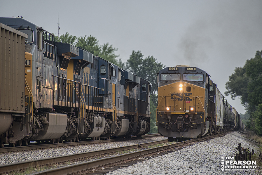 June 25, 2015 - Southbound CSX Q597, with engine 901 in the lead, meets E015, a northbound empty coal train, at Crofton, Ky as it makes it's way Nashville, Tn from Chicago, Ill on the Henderson Subdivision. - Tech Info: 1/2000sec, f/5.6, ISO 640, Lens: Nikon 70-300 @ 260mm with a Nikon D800 shot and processed in RAW. #jimstrainphotos