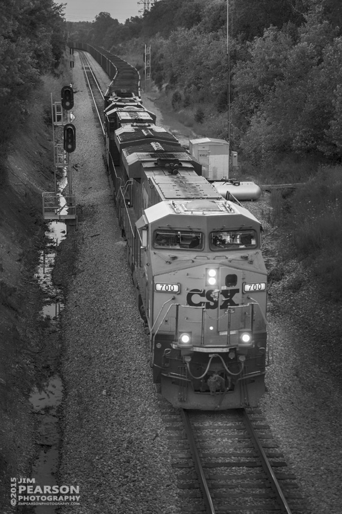 July 7, 2015 - CSX engine 700 pulls it's loaded coal train out of the Kelly, Ky siding as it heads south on the Henderson Subdivision at dusk. - Tech Info: 1/500sec, f/2.8, ISO 560, Lens: Sigma 24-70 @ 70mm with a Nikon D800 shot and processed in RAW