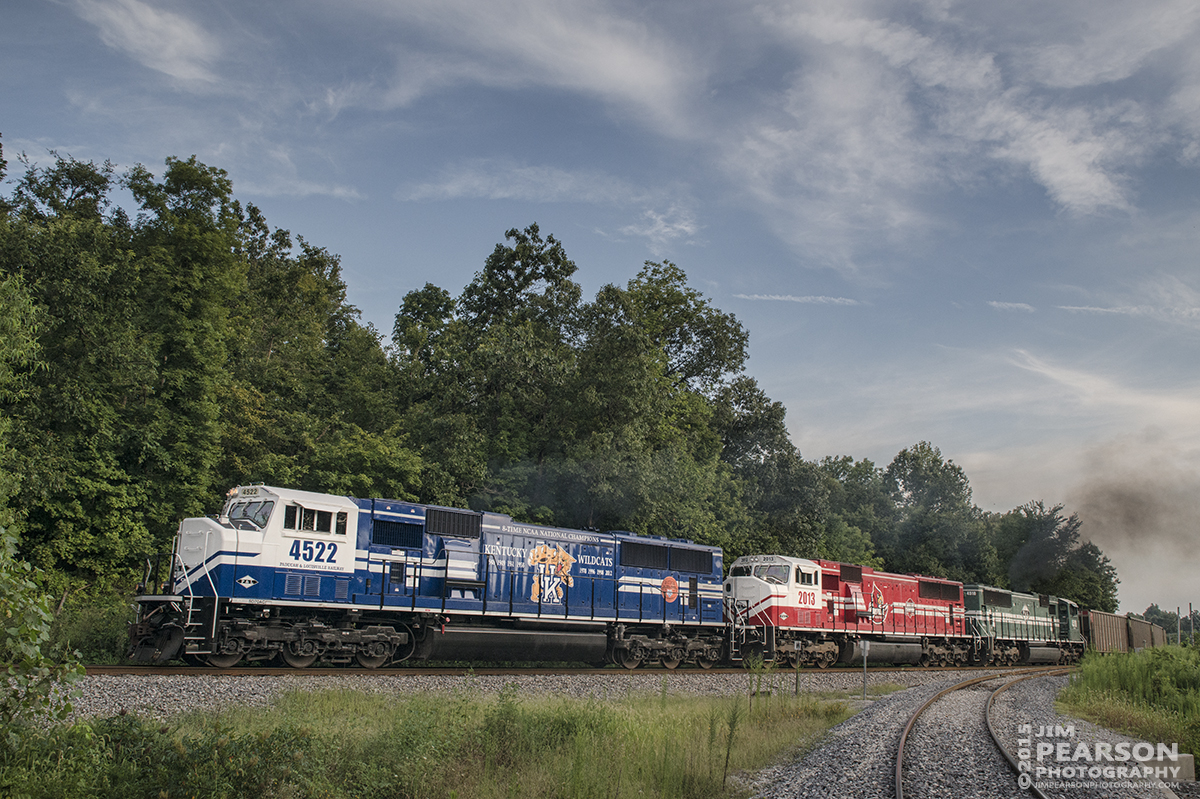 August 9, 2015 - Paducah and Louisville Railway's LG2 loaded coal train heads north at McHenry, Ky with University of Kentucky engine 4522, University of Louisville engine 2013 and engine 4510 as power on their way to meet the southbound LG1 empties at Caneyville, Ky. - - Tech Info: 1/640sec, f/11, ISO 1000, Lens: Sigma 24-70 @ 31mm with a Nikon D800 shot and processed in RAW.
