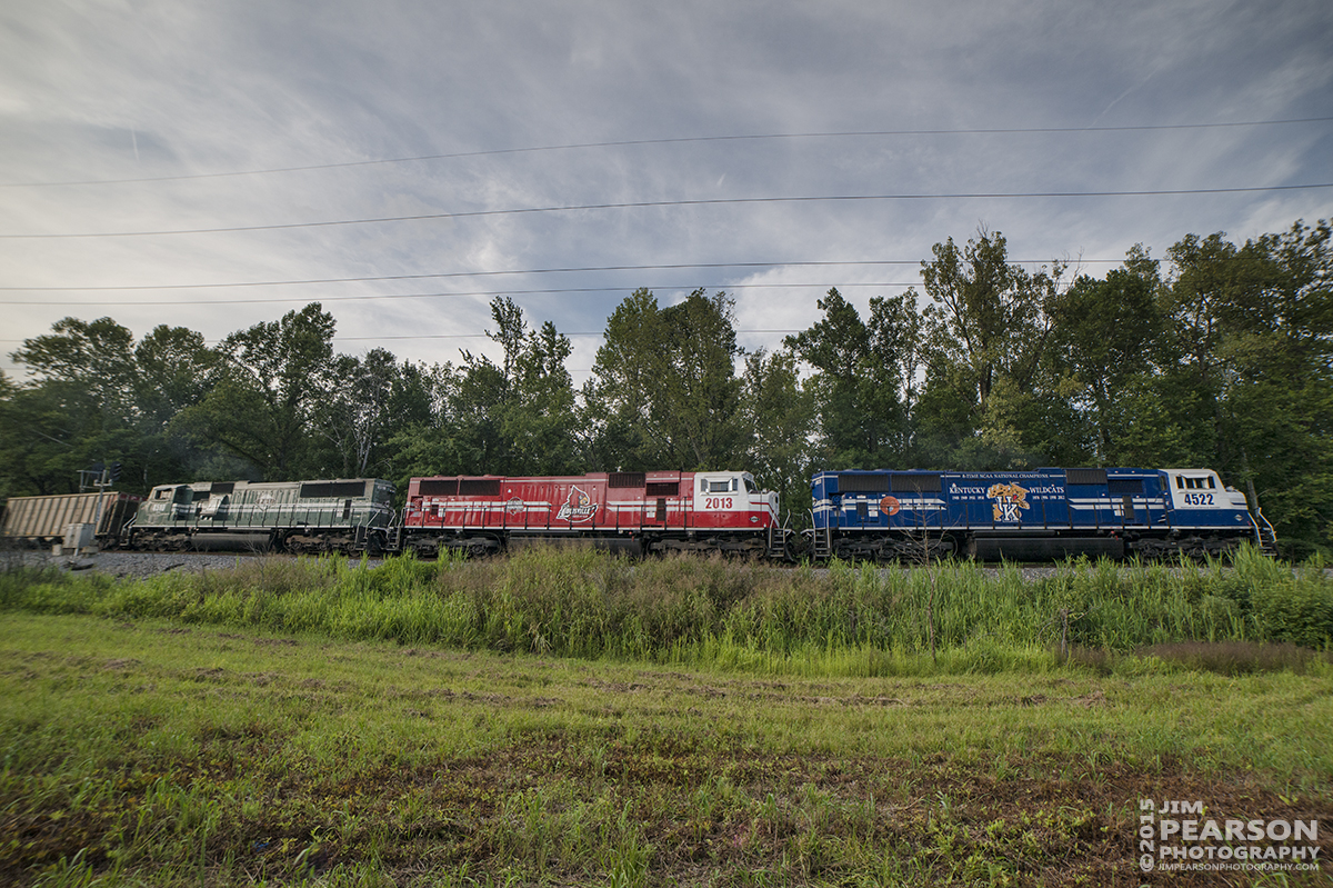 August 9, 2015 - Paducah and Louisville Railway's University of Kentucky engine 4522, University of Louisville engine 2013 and 4510, all 70MACs, pull the loaded LG2 train northbound approaching Rockport, Ky. Tech Info all photos: 1/1250sec, f/6.3, ISO 640, Lens: Rokinon 14mm with a Nikon D800 shot and processed in RAW.