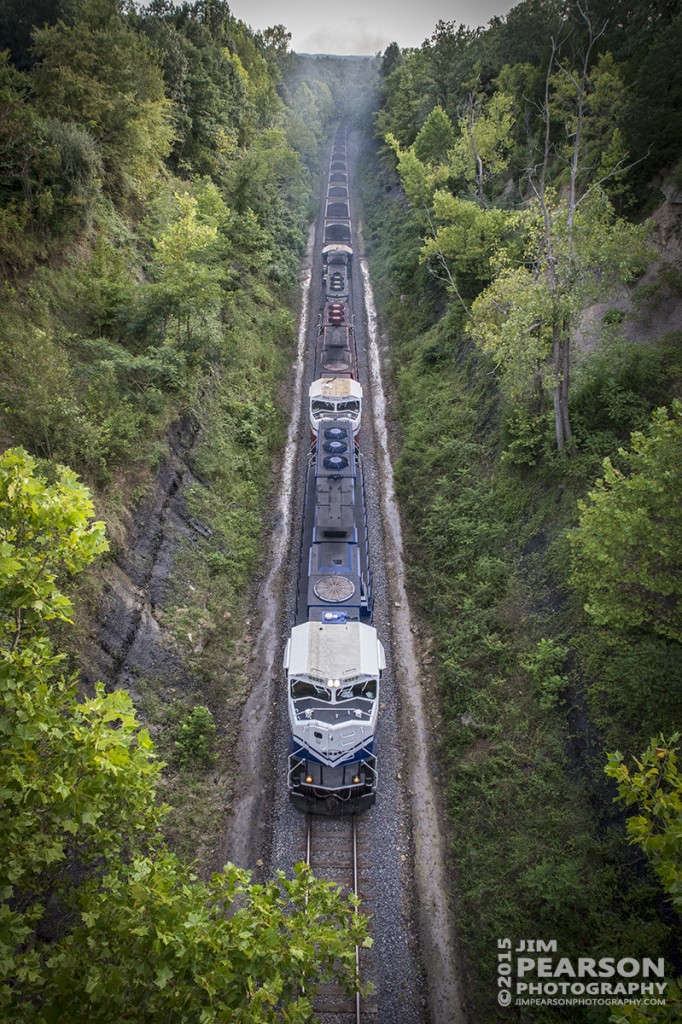 August 9, 2015 - Paducah and Louisville's UK engine 4522 leads the charge up the grade north of Rockport, Ky as U of L engine 2013 and 4510 trail behind it, as they pull loaded coal train LG2 up the grade heading north to meet the empty LG1 coal train at Caneyville, Ky. At that point the two crews switch out trains and then take their trains either to be emptied or loaded. - Tech Info: 1/250sec, f/11, ISO 4000, Lens: Sigma 24-70 @ 24mm with a Nikon D800 shot and processed in RAW.