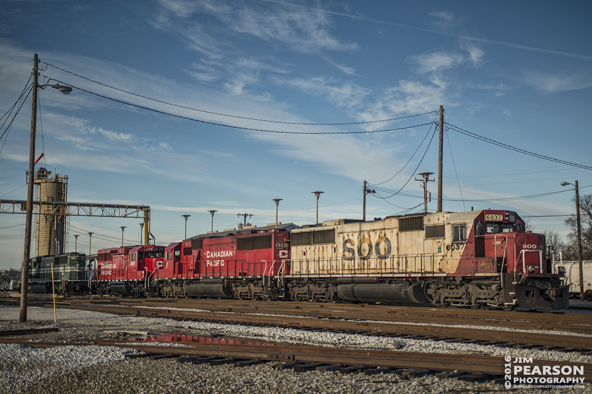 January 6, 2016 - The warm light of the late afternoon sun shines on SOO 6037, CP Units 6241 & 2218 and PAL 4511 as they set in the engine service facility at CSX's Atkinson Yard in Madisonville, Ky. - Tech Info: 1/2000 | f/2.8 | ISO 140 | Lens: Sigma 24-70 @ 52mm with a Nikon D800 shot and processed in RAW.
