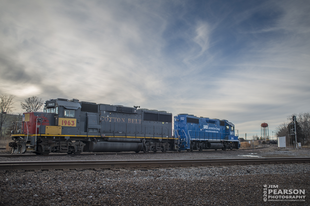 January 17, 2016 - Ex-Cotton Belt engine (UP1963) tied to GMTX/GATX 2156 at one of the crossovers in Mount Vernon, Illinois, waiting for a crew. I understand this  location has been used as a tie down point here lately. - Tech Info: Shot with a Nikon D800 shot and processed in RAW.