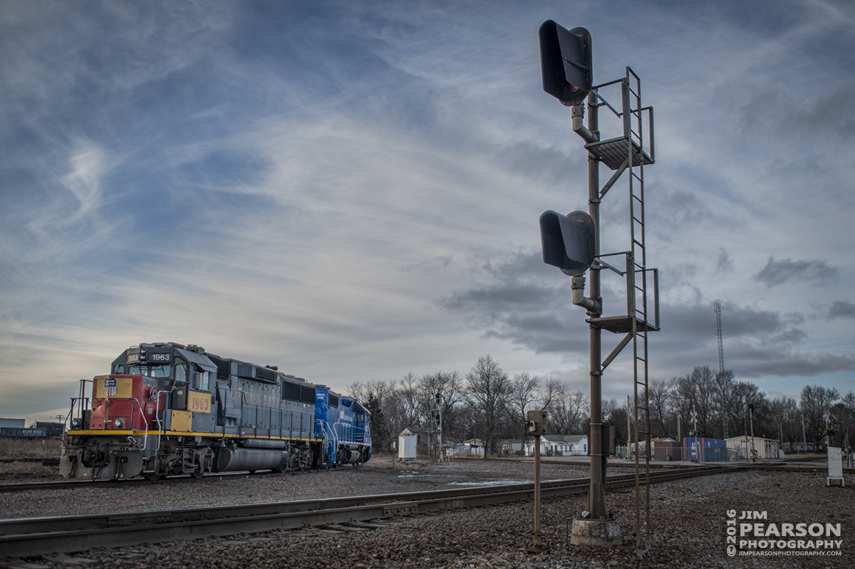 January 17, 2016 - Another neat find at Mount Vernon, Illinois, on my way home from St. Louis, was this ex-Cotton Belt engine (UP1963) tied to GMTX/GATX 2156 at one of the crossovers in town waiting for a crew or signal, not sure which. Both engines were running. - Tech Info: 1/1250 | f/2.8 | ISO 100 | Lens: Sigma 24-70 @ 24mm with a Nikon D800 shot and processed in RAW.