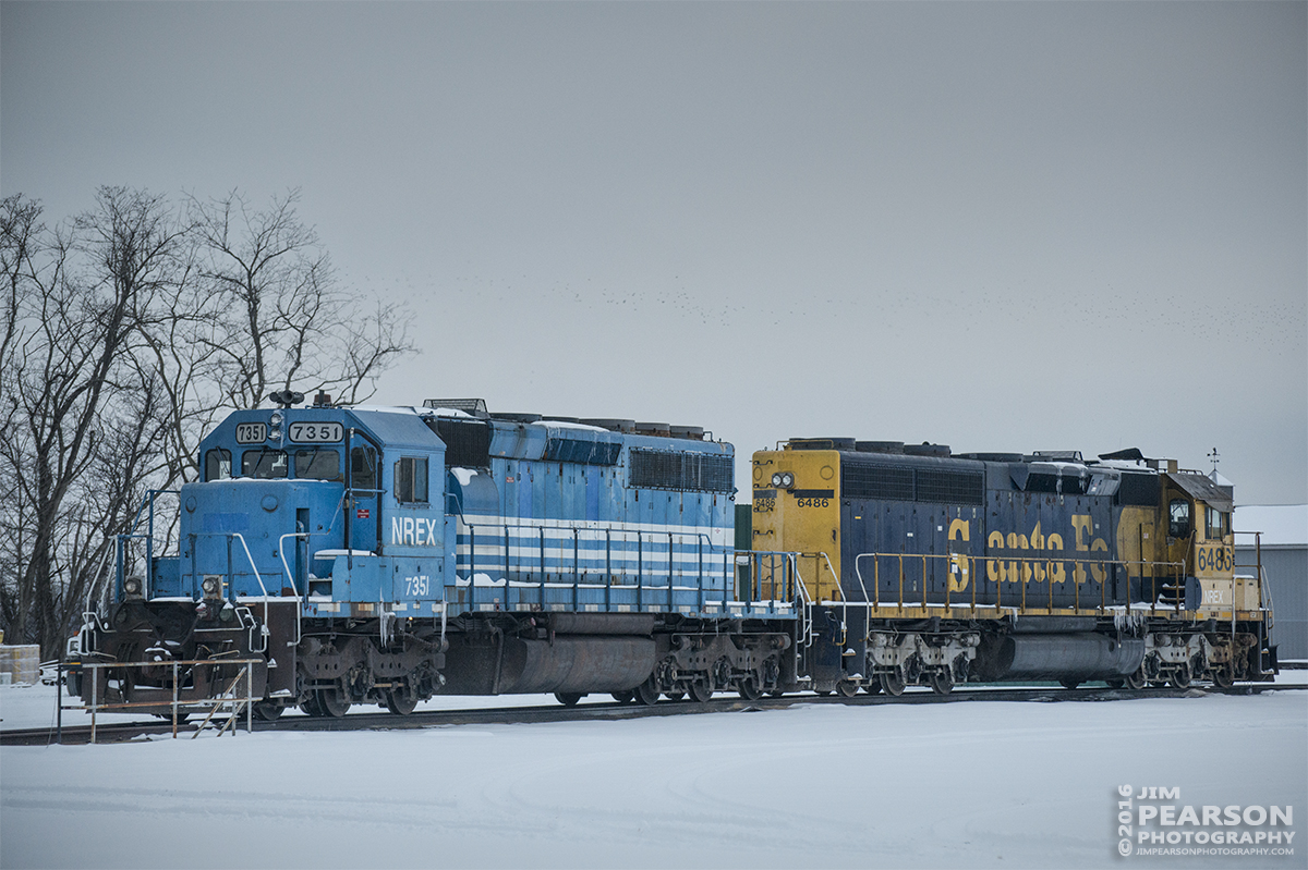 January 20, 2016 - Lease units NREX 7351 (ex-MILW 184 SD40-2) and NREX ex-Santa Fe 6486 (ATSF 5692 SD45-2) sit in the yard area behind the Evansville Western Railway offices at Mount Vernon, Indiana. - Tech Info: 1/1000 | f/4.8 | ISO 1100 | Lens: Nikon 70-300 @ 116mm with a Nikon D800 shot and processed in RAW.