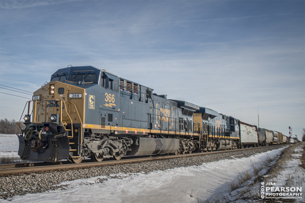 January 20, 2016 - CSX Q688, with engine 366 with the Chessie System emblem on it, passes through the north end of Robards, Ky as it heads north on the Henderson Subdivision. - Tech Info: 1/1250 | f/2.8 | ISO 100 | Lens: Sigma 24-70 @ 26mm with a Nikon D800 shot and processed in RAW.