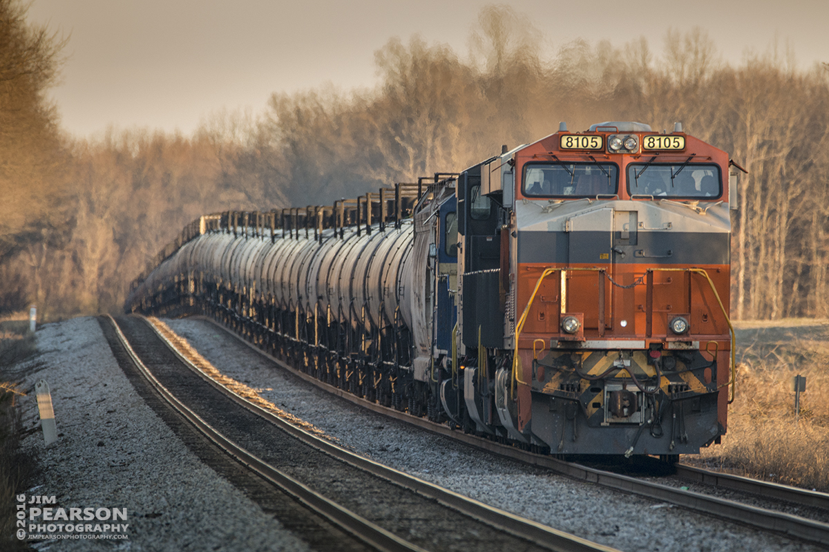 January 28, 2016 - CSX empty tank train K442-27 sits in the siding at the north end of Cedar Hill, Tennessee with Norfolk Southern's Interstate Heritage Unit 8105 in the lead as they wait for a southbound before heading on north on the Henderson Subdivision. - Tech Info: 1/250 | f/6.3 | ISO 1100 | Lens: Sigma 150-600 @ 600mm with a Nikon D800 shot and processed in RAW.