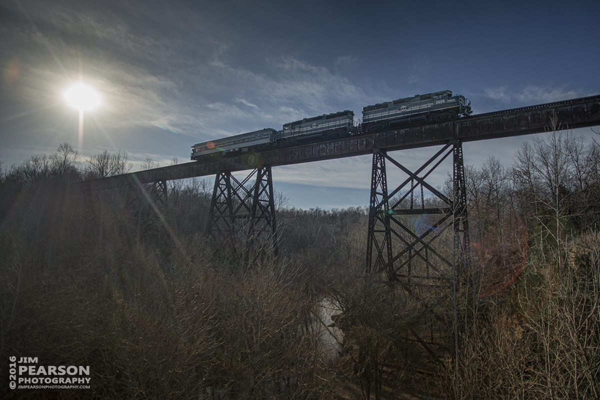 January 30, 2016 - Paducah and Louisville Railway's 3800 and 3804 head north across the Big Clifty Bridge with PAL's business car, Bluegrass State 1 trailing behind it, at Big Clifty, Ky on it's way to Louisville, Ky. - Tech Info: 1/6400 | f/2.8 | ISO 100 | -2 stops | Lens: Nikon 18mm with a Nikon D800 shot and processed in RAW.