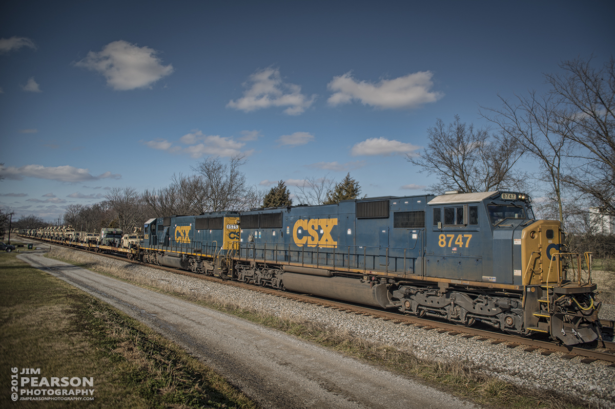 Feburary 3, 2016 - CSX W817-03 pulls through the north end of Casky as it makes it's way sought into the Casky Yard for a crew change, after coming off the Ft. Campbell Wye with a loaded military train, on the Henderson Subdivision with SD 60-1 #8747 in the lead. - Tech Info: 1/1250 | f/2.8 | ISO 100 | Lens: Sigma 24-70 @ 24mm with a Nikon D800 shot and processed in RAW.