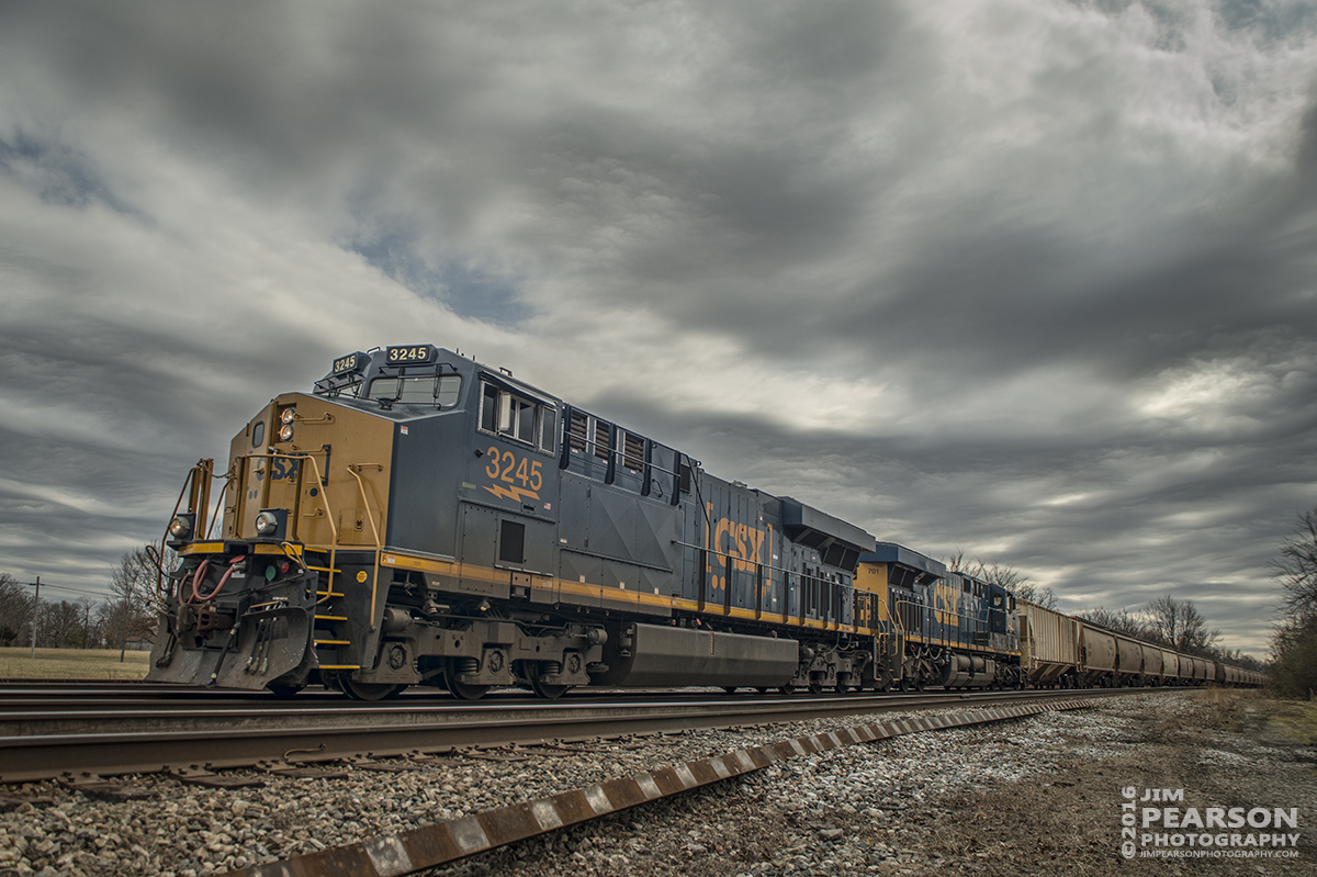 February 19, 2016 - A empty grain train, with CSX 3245 leading and 701 trailing, heads north at Kelly, Ky on the Henderson Subdivision. - Tech Info: 1/800 | f/5.6 | ISO 100 | Lens: Sigma 24-70 @ 24mm on a Nikon D800 shot and processed in RAW.