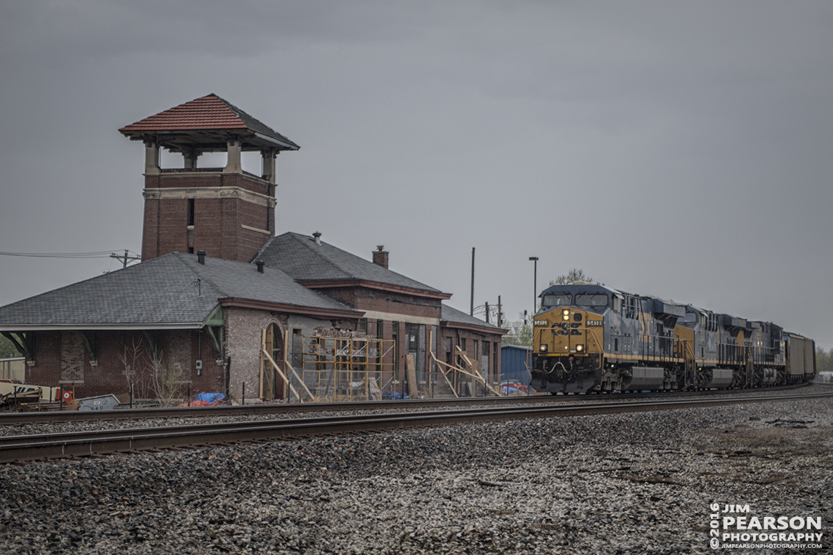 April 6, 2016 - CSX N302-04, a loaded coal train, passes the L&N Depot at Henderson, Ky, that is undergoing renovation, as it heads south on the Henderson Subdivision. - Tech Info: 1/500 | f/2.8 | ISO 280 | Lens: Sigma 24-70 @ 70mm on a Nikon D800 shot and processed in RAW.