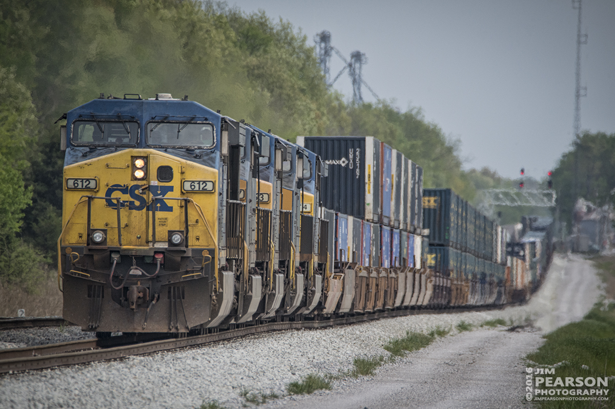 April 19, 2016 - CSXT 612 leads a northbound intermodal up the yard track at the north end of Pembroke as it pulls into the yard at Casky for fuel and a crew change before heading on north at Hopkinsville, Ky on the Henderson Subdivision.. - Tech Info: 1/2500 | f/8.5 | ISO 1400 | Lens: Sigma 150-600 with a 1.4 teleconverter @ 750mm on a Nikon D800 shot and processed in RAW.