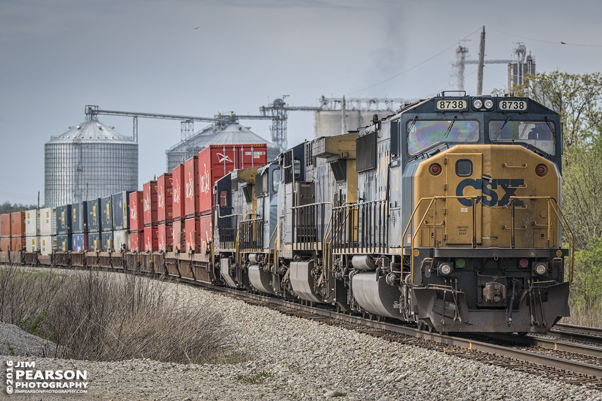 April 19, 2016 - CSXT 8738 waits on track 1 at the south end of Casky with its loaded intermodal during a crew change, before heading on south, on the Henderson Subdivision at Hopkinsville, Ky. - Tech Info: 1/2500 | f/7 | ISO 900 | Lens: Sigma 150-600 @ 210mm on a Nikon D800 shot and processed in RAW.