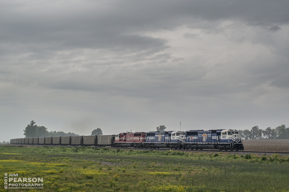 April 27, 2016 - CSX Z462-27 (Paducah & Louisville Railway WW1, Louisville Gas & Electric) loaded coal train heads east on CSX's Morganfield Branch approaching Nebo, Ky with PAL UK engines 4522 and 2012 along with UofL 2013 as power, after picking up a load of coal at Dotki Mine in Clay, Ky. - Tech Info: 1/1250 | f/5 | ISO 250 | Lens: Sigma 24-70 @ 46mm on a Nikon D800 shot and processed in RAW.