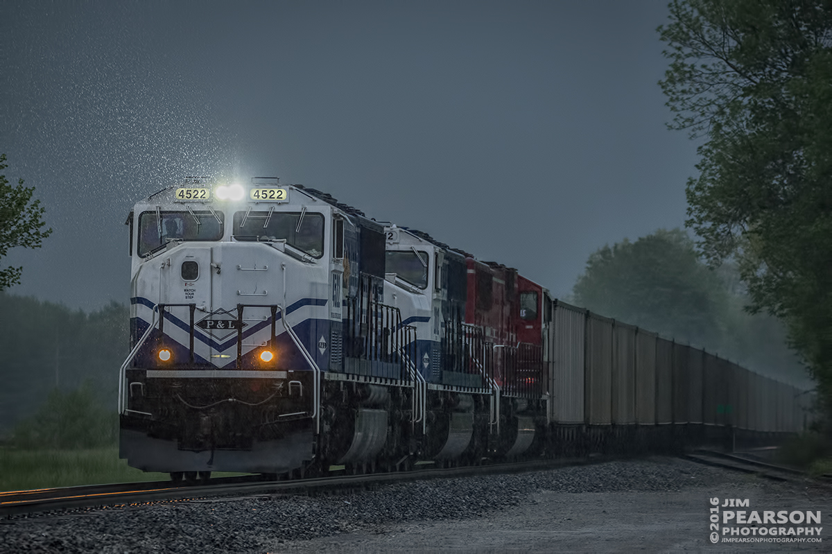 April 27, 2016 - Paducah & Louisville Railway WW1, (Louisville Gas & Electric) heads north through the rain with a loaded coal train at Beaver Dam, Ky with PAL UK engines 4522 and 2012 along with UofL 2013 as power. - Tech Info: 1/400 | f/5.3 | ISO 4000 | Lens: Sigma 150-600 @ 250mm on a Nikon D800 shot and processed in RAW.