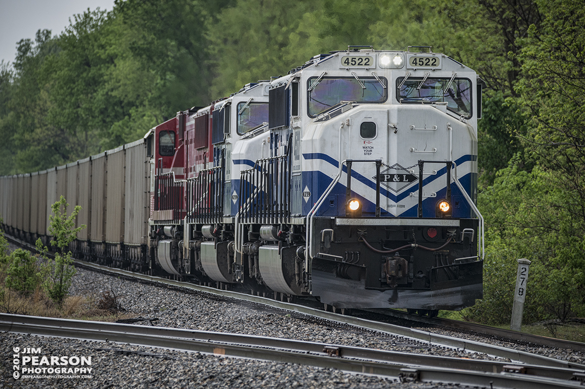 April 27, 2016 - CSX Z462-27 (Paducah & Louisville Railway WW1, Louisville Gas & Electric) loaded coal train heads east on CSX's Morganfield Branch as it prepares to pass the PeeVee Spur at Madisonville, Ky with PAL UK engines 4522 and 2012 along with UofL 2013 as power. - Tech Info: 1/1250 | f/5.6 | ISO 640 | Lens: Sigma 150-600 @ 320mm on a Nikon D800 shot and processed in RAW.