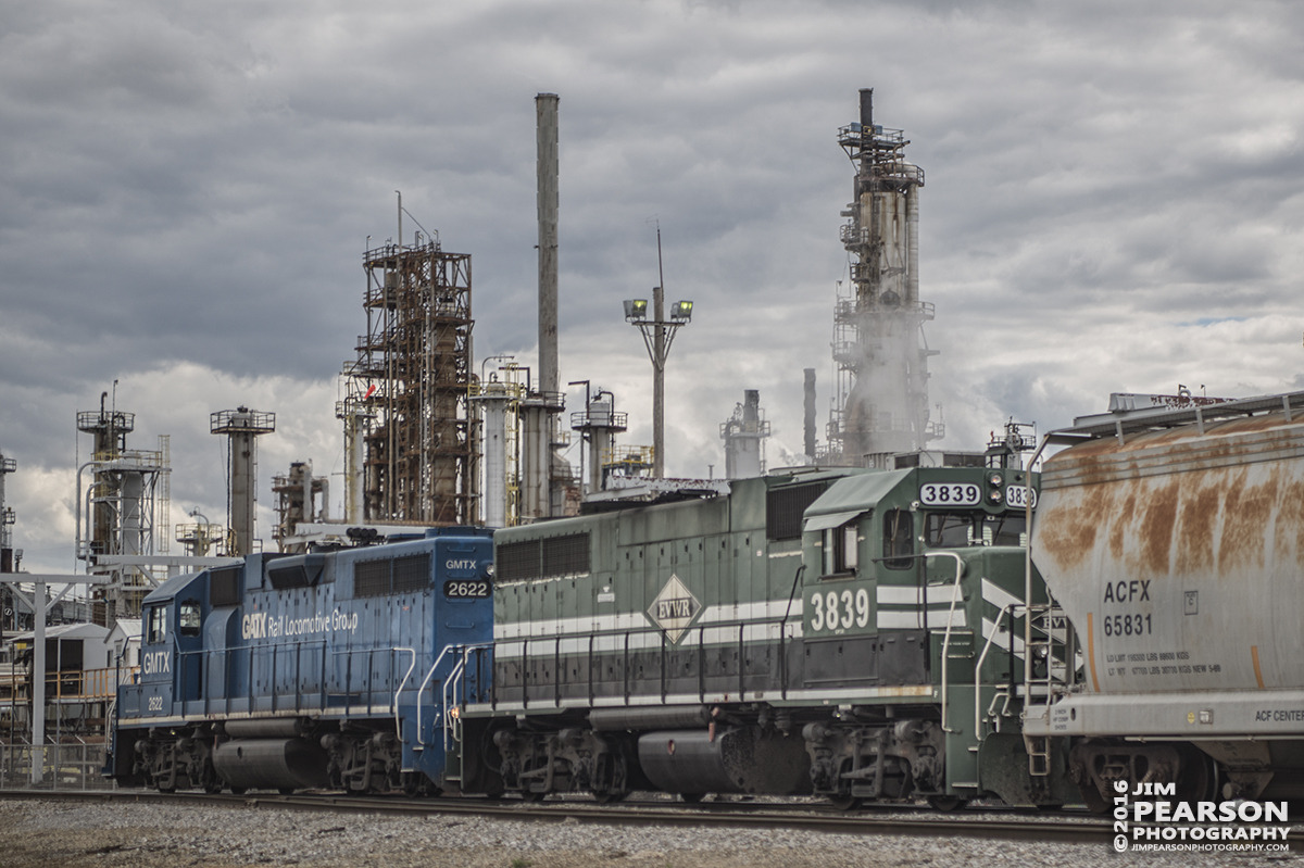 May 3, 2016 - Evansville Western Railway MVL1 (Mount Vernon Local #1) works a industrial area at Mt. Vernon, Indiana GMTX/GATX lease unit 2622 and EVWR 3839, under stormy skies. - Tech Info: 1/1600 | f/2.8 | ISO 100 | Lens: Nikon 24-70 @ 70mm on a Nikon D800 shot and processed in RAW.