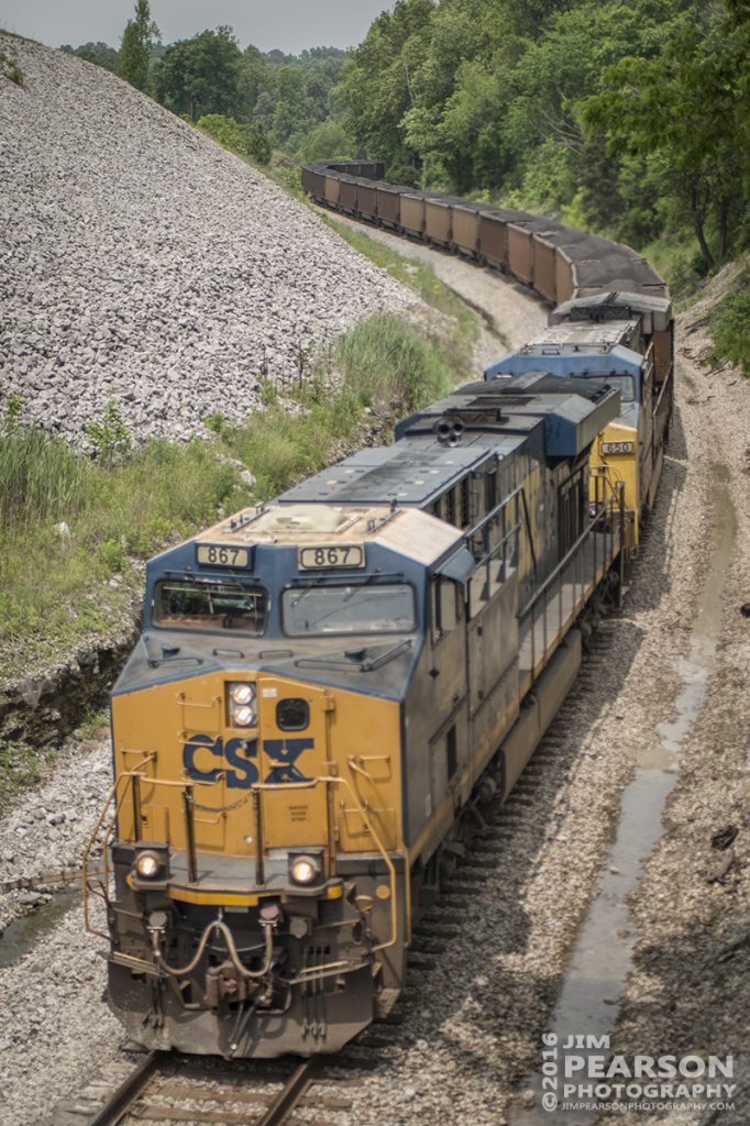 May 11, 2016 - Loaded Coal Train CSX N017-10 winds its way through the curve approaching the north end of Romney siding as it heads south on the Henderson Subdivision. - Tech Info: 1/3200 | f/2.8 | ISO 280 | Lens: Sigma 24-70 @ 52mm on a Nikon D800 shot and processed in RAW.