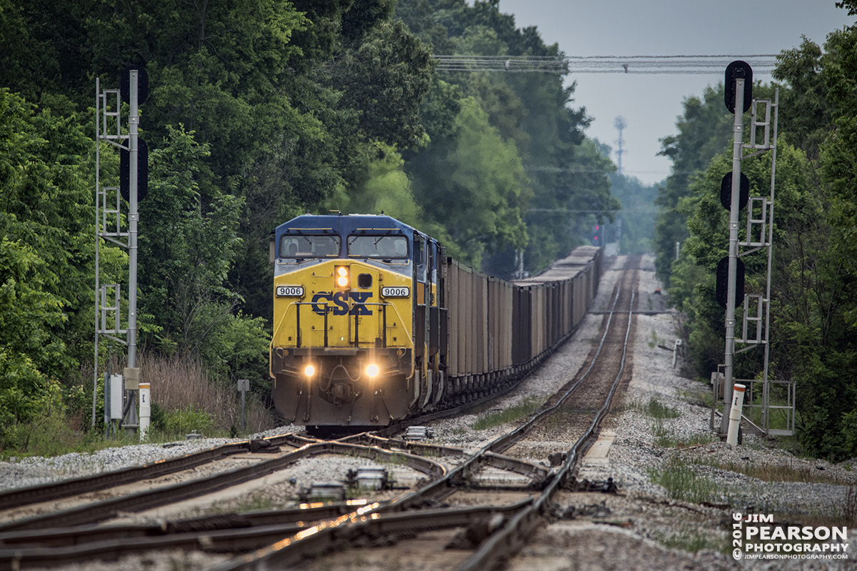 May 18, 2016 - CSX N303 (Evansville, IN (EVWR)Stilesboro, GA) passes the signals at the north end of Courtland as it heads north with its empty coal train at Springfield, Tn on the Henderson Subdivision. - Tech Info: 1/250 | f/6.3 | ISO 1000 | Lens: Sigma 150-600 @ 150mm on a Nikon D800 shot and processed in RAW.