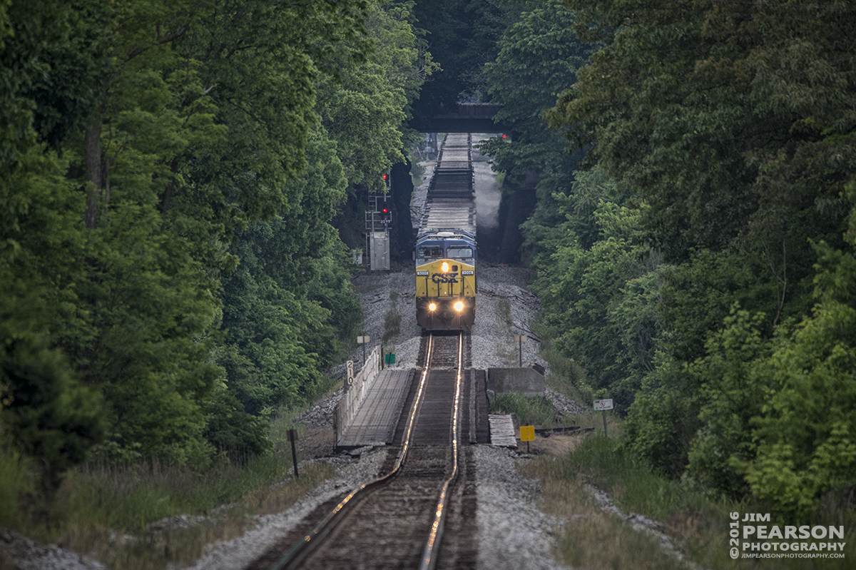 May 18, 2016 - CSX E303 (Stilesboro, GA - Evansville, IN) prepares to cross the Red River Trestle at Adams, Tennessee as it makes its way north with an empty coal train on the Henderson Subdivision. - Tech Info: 1/800 | f/6.3 | ISO 1600 | Lens: Sigma 150-600 @ 600mm on a Nikon D800 shot and processed in RAW.