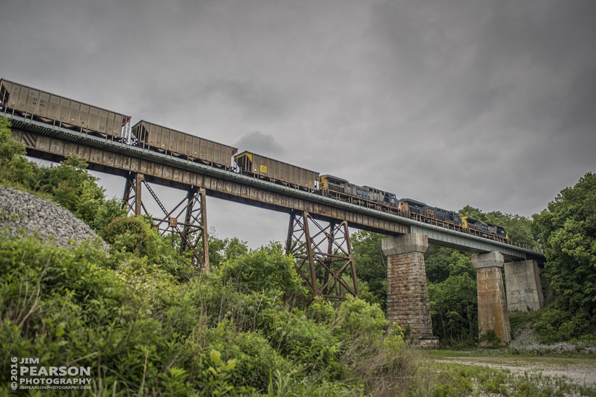 May 18, 2016 - CSX E303 (Stilesboro, GA - Evansville, IN) heads across the Trestle at Springfield, Tennessee as it makes its way north with an empty coal train on the Henderson Subdivision. - Tech Info: 1/1250 | f/2.8 | ISO 160 | Lens: Sigma 24-70 @ 24mm on a Nikon D800 shot and processed in RAW.