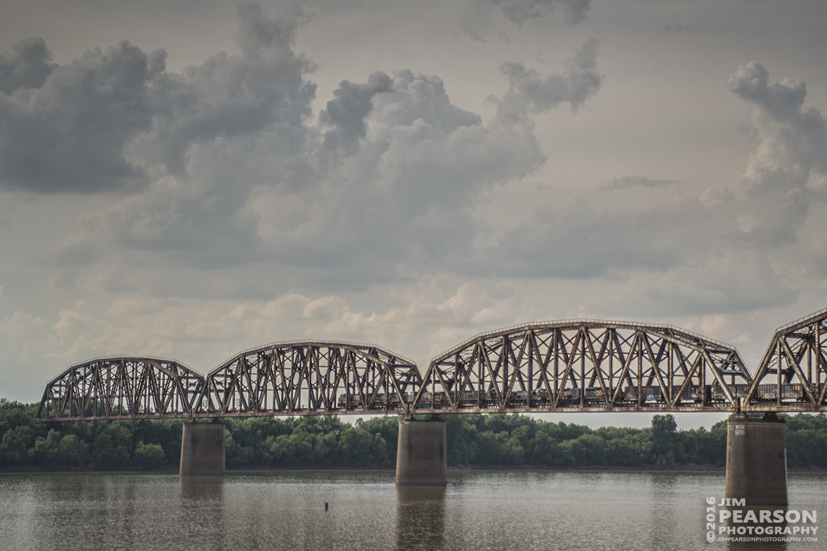 June 1, 2016 CSX local J724 heads north across the Ohio River on the Henderson Subdivision at Henderson, Ky after combining its train with Q586 when its crew ran out of time. - Tech Info: 1/3200 | f/2.8 | ISO 180 | Lens: Sigma 24-70 @ 62mm with a Nikon D800 shot and processed in RAW.