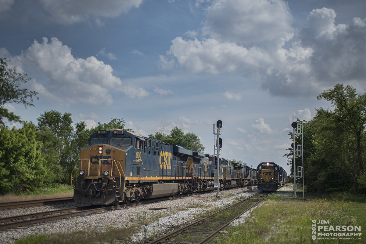 June 1, 2016  The crew of northbound CSX local J724-01 coming off the River Branch at right, moves the power from Q586, (6 engines with unit 900 leading) ahead of their train to the River Branch switch at Henderson, Ky on the Henderson Subdivision, as they work on combining the trains, as the Q586 crew ran out of time. - Tech Info: 1/2500 | f/2.8 | ISO 160 | Lens: Sigma 24-70 @ 40mm with a Nikon D800 shot and processed in RAW.