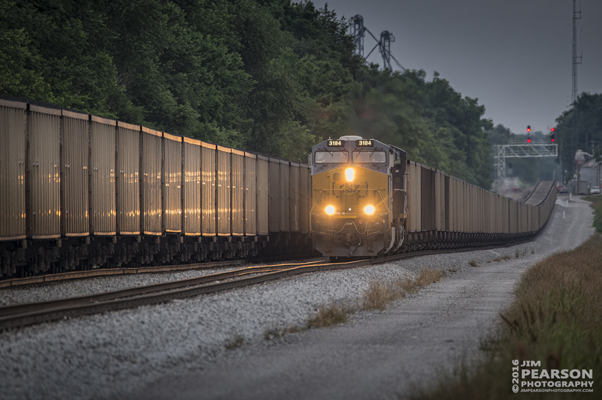 June 3, 2016  CSX empty coal train E040-03 (Taft, FL - Evansville, IN) passes southbound loaded coal train N041-03 (Evansville, IN - Taft, FL) as it pulls into the south end of Casky Inspection Yard at Hopkinsville, Ky on the Henderson Subdivision. - Tech Info: 1/160 | f/6.3 | ISO 900 | Lens: Sigma 150-600 @ 600mm with a Nikon D800 shot and processed in RAW.