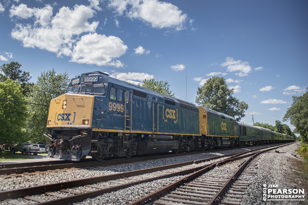 June 7, 2016  CSX Office Car Special P900-07 with CSXT 9999 and 9998 as power, pull a long string of passenger cars through Hanson, Ky as they head south on CSX's Henderson Subdivision. - Tech Info: 1/2500 | f/2.8 | ISO 180 | Lens: Sigma 24-70 @ 24mm with a Nikon D800 shot and processed in RAW.