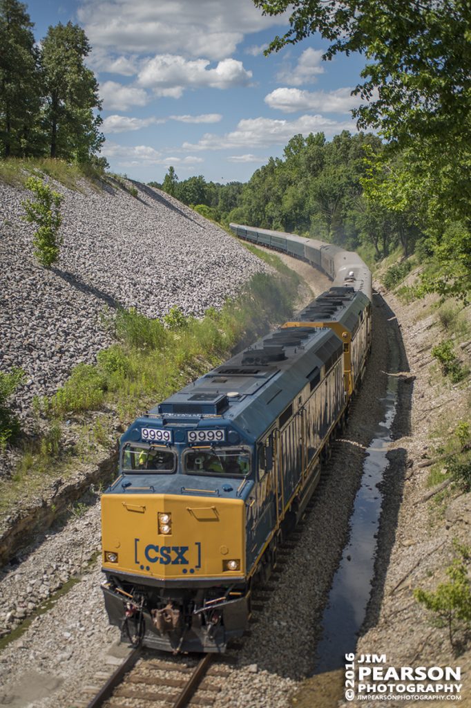 June 7, 2016  CSX President's Office Car Passenger Train P900-07, with CSXT 9999 and 9998 as power, pull a long string of passenger cars through through the S curve approaching Romney siding at Nortonville, Ky as they head south on CSX's Henderson Subdivision. - Tech Info: 1/2500 | f/2.8 | ISO 320 | Lens: Sigma 24-70 @ 36mm with a Nikon D800 shot and processed in RAW.