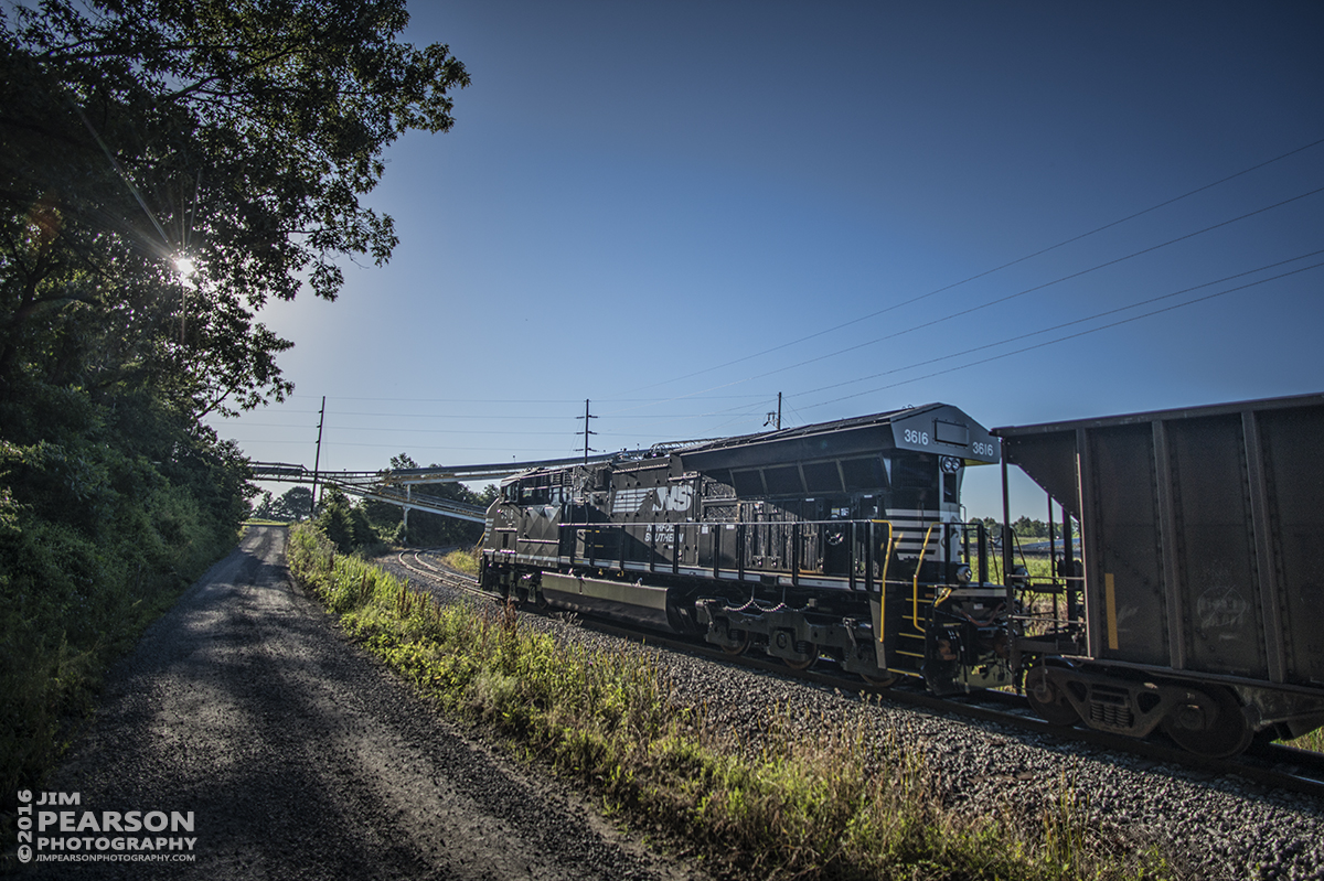 June 8, 2016 – Paducah and Louisville Railway LSX1 pulls its Norfolk Southern Train into the loop at Warrior Coal in Madisonville, Ky with a brand new 3616 Tier 4 ET44AC leading on its first revenue run. - Tech Info: 1/1600 | f/2.8 | ISO 110 | Lens: Nikon 18mm with a Nikon D800 shot and processed in RAW. ‪#‎jimstrainphotos‬