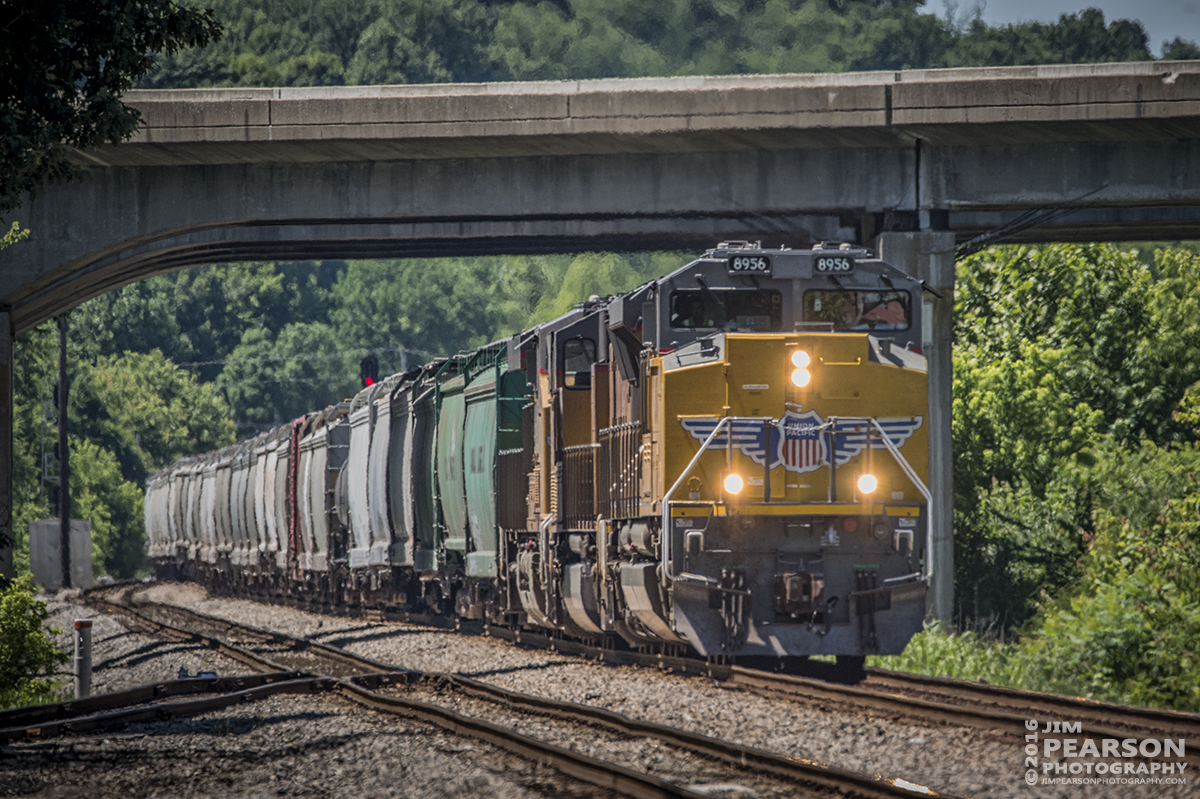 June 10, 2016  CSX Q515 (Indianapolis, IN - Nashville, TN) passes under the I-69 overpass as Union Pacific 8956 leads it into the siding at Nortonville, Ky on its way south on the Henderson Subdivision. - Tech Info: 1/1600 | f/6 | ISO 720 | Lens: Sigma 150-600 @ 500mm with a Nikon D800 shot and processed in RAW.