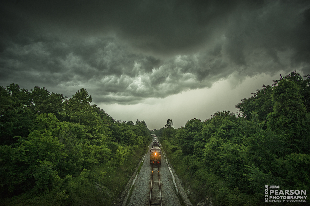 June 15, 2016  I chased the leading edge of this storm front for about 20 miles till I finally caught CSX Q592-15 approaching the south end of the siding at Kelly, Ky as it headed north on the Henderson Subdivision. As dark and nasty as the sky looked, all it did was dump a lot of rain and create some lighting and fortunately for me it didn't do it while I was shooting! - Tech Info: 1/400 | f/2.8 | ISO 900 | Lens: Nikon 18mm with a Nikon D800 shot and processed in RAW.