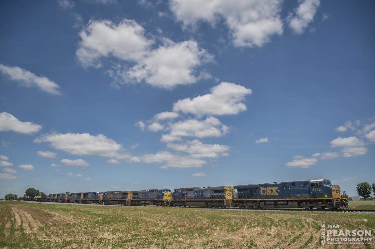 June 29, 2016  CSX Q597 (Chicago, IL (BRC) - Nashville, TN) heads south just outside of Adams, Tennessee as it makes its way down the Henderson Subdivision with a string of 8 engines. The train was over 10,000 ft long and only the first three units were powered. - Tech Info: 1/6400 | f/2.8 | ISO 160 -.7 stops | Lens: Sigma 24-70 @ 24mm with a Nikon D800 shot and processed in RAW.