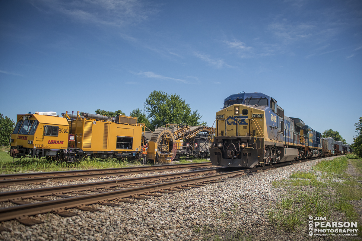 June 29, 2016  CSX Q688 (Birmingham, AL - Indianapolis, IN) with three oversized loads which appeared to be perhaps transformers, rolls past LORAM ballast cleaner SBC-2402 in the house track at Kelly, Ky, as 688 heads north on the Henderson Subdivision. - Tech Info: 1/6400 | f/2.8 | ISO 280 -1 f/stop | Lens: Sigma 24-70 @ 24mm with a Nikon D800 shot and processed in RAW.