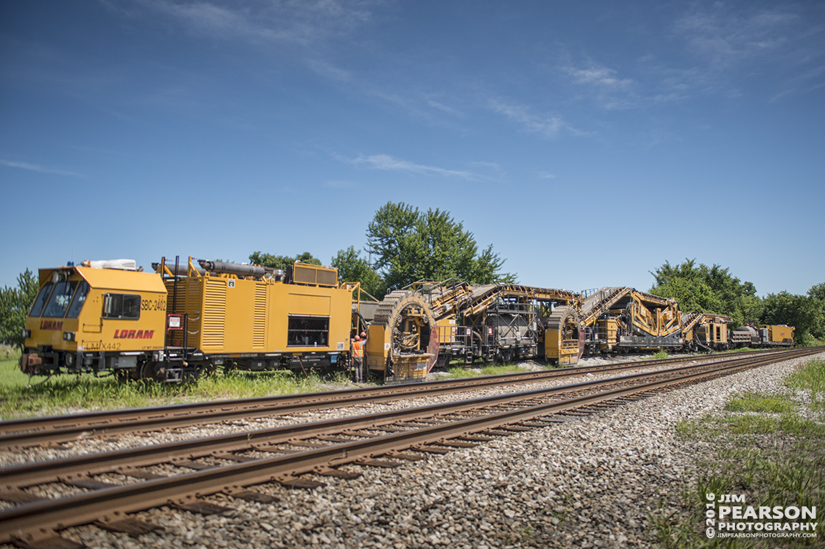 June 30, 2016  LORAM ballast cleaner SBC-2402 sits in the house track, as they perform maintenance before they start work on CSX's Henderson Subdivision at Kelly, Ky. - Tech Info: 1/6400 | f/2.8 | ISO 280 -1 f/stop | Lens: Sigma 24-70 @ 26mm with a Nikon D800 shot and processed in RAW.