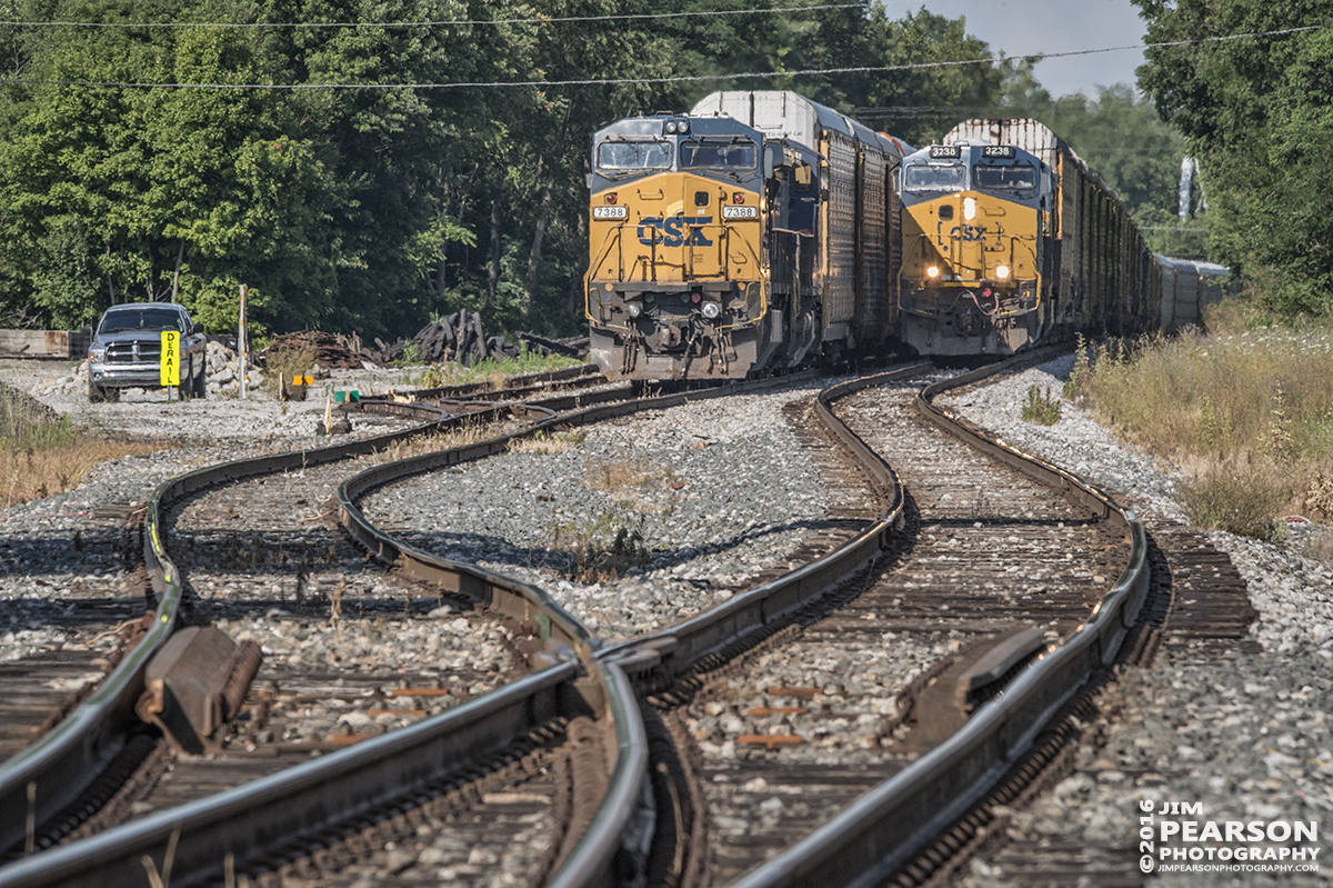 July 1, 2016  Autorack CSX Q241-30 (Detroit, MI - Louisville, KY) creeps past another waiting autorack in the siding at La Grange, Ky as they head south to Louisville, Ky on the Short Line (LCL Subdivision). - Tech Info: 1/400 | f/20 | ISO 1400 | Lens: Sigma 150-600 @ 400mm with a Nikon D800 shot and processed in RAW.