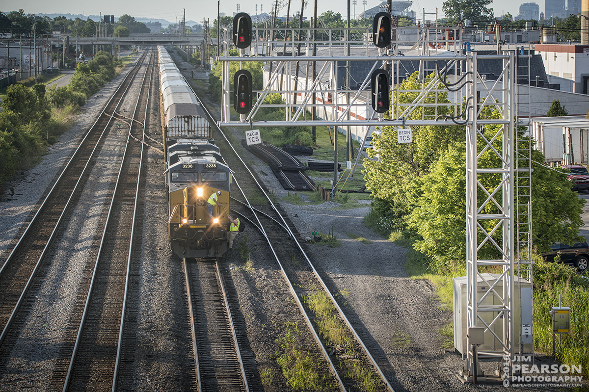 July 1, 2016  The crew of Autorack CSX Q241-30 (Detroit, MI - Louisville, KY) climb off their train at the approach to CSX's Osborn Yard in Louisville, Ky on the Short Line (LCL Subdivision) as they tie their train down after arriving at their destination. - Tech Info: 1/1600 | f/5 | ISO 900 | Lens: Sigma 150-600 @ 150mm with a Nikon D800 shot and processed in RAW.