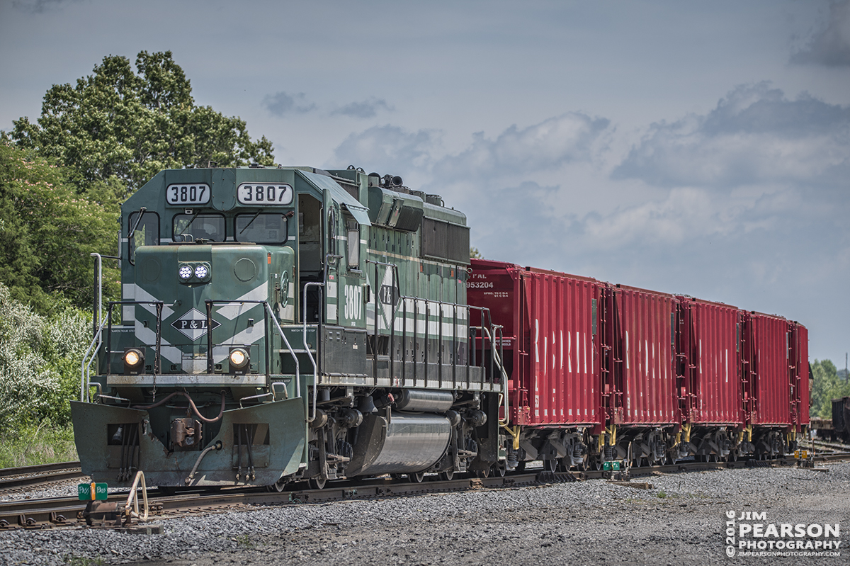 July 9, 2016  Paducah and Louisville Railway 3807 heads up a local as it prepares to head south from West Yard in Madisonville, Ky with a string of rock cars. - Tech Info: 1/500 | f/5.3 | ISO 100 | Lens: Sigma 150-600 @ 190mm with a Nikon D800 shot and processed in RAW.