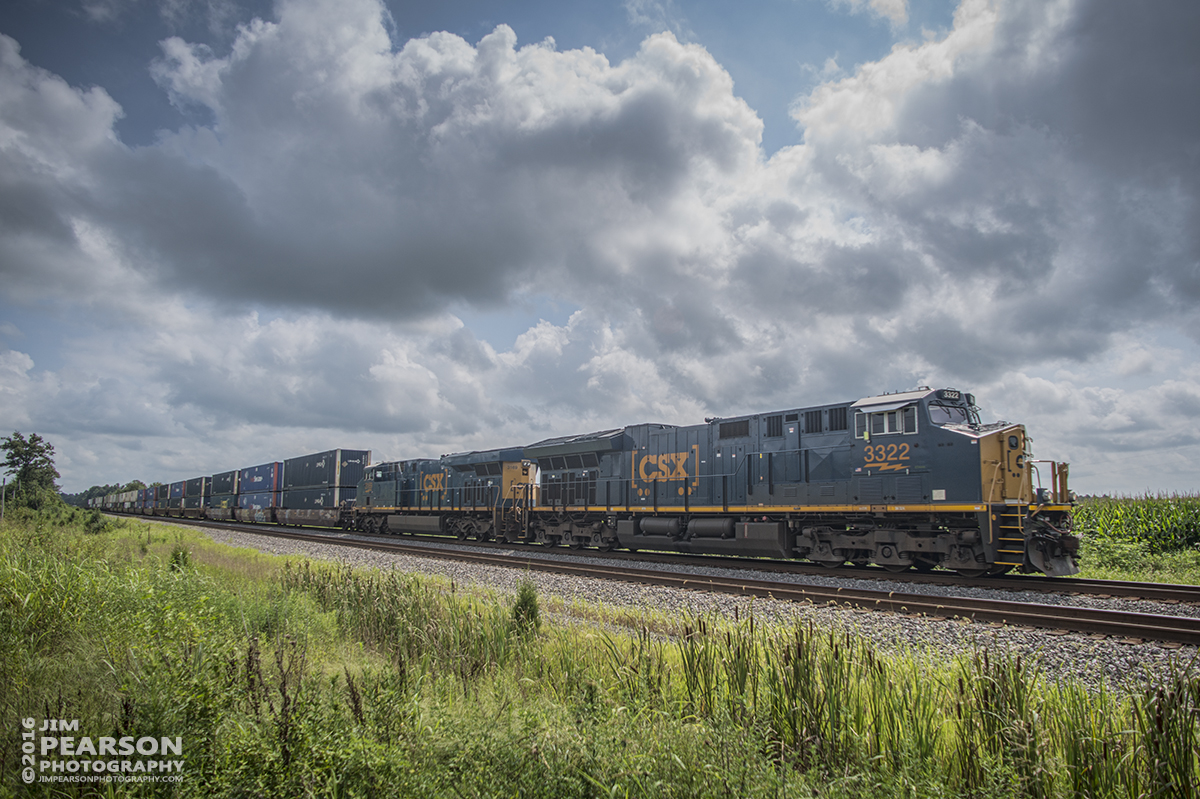 July 9, 2016  CSX intermodal Q124-26 (Winter Haven, FL - Chicago, IL) makes its way at Slaughters, Ky as it heads north on the Henderson Subdivision with CSXT 3322 in the lead and 3169 trailing. - Tech Info: 1/1000 | f/5.6 | ISO 125 | Lens: Nikon 18mm with a Nikon D800 shot and processed in RAW.