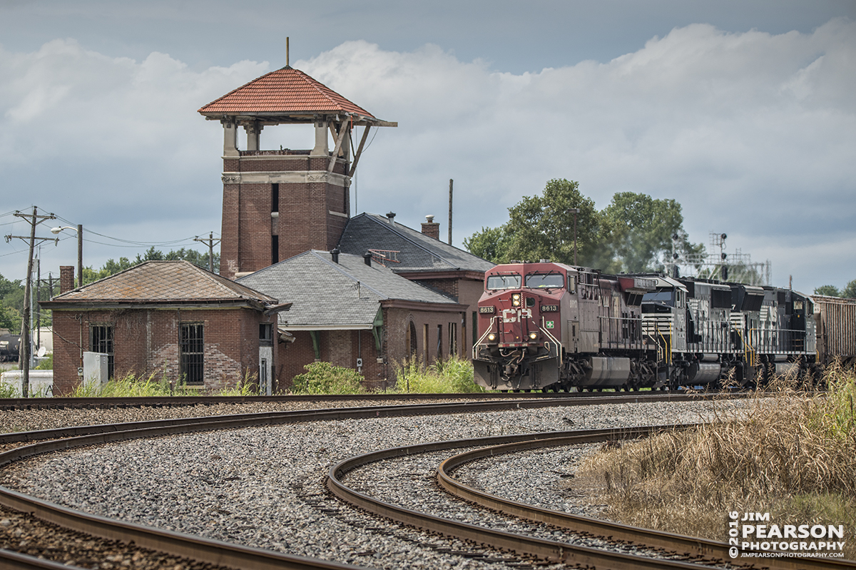 August 1, 2016  CSX Q647-31, (Chicago, IL - Waycross, GA) with Canadian Pacific 8613 leading and NS 7025 and 2627 trailing, passes the old L&N Depot at Henderson, Ky as it heads south on the Henderson Subdivision. - Tech Info: 1/1000 | f/5.6 | ISO 180 | Lens: Sigma 150-600 @ 150mm with a Nikon D800 shot and processed in RAW.
