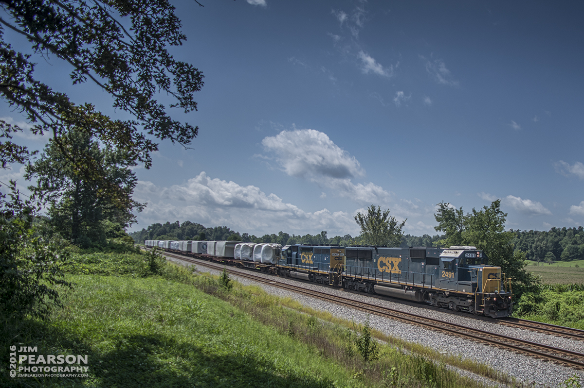 August 5, 2016  CSX W987-30, with a load of wind turbine motors, heads north on the Henderson Subdivision at Slaughters, Ky with CSXT 2491 and 8367 as power. - Tech Info: 1/3200 | f/2.8 | ISO 125 | Lens: Nikon 18mm with a Nikon D800 shot and processed in RAW.