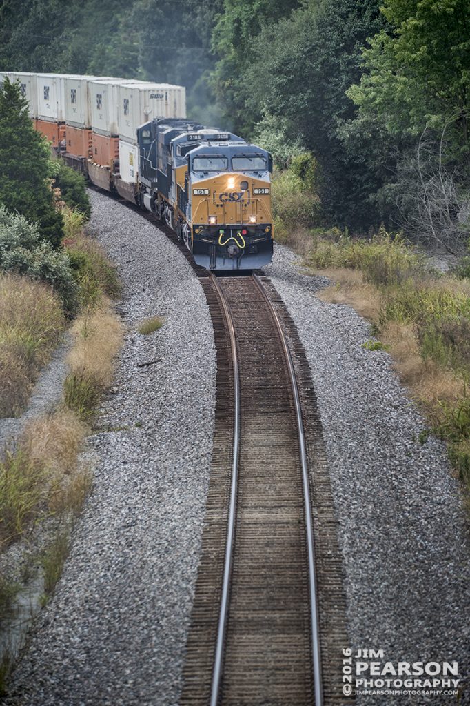 August 10, 2016  Hot intermodal CSX Q028-09 (Atlanta, GA - Chicago, IL) rounds the curve approaching Poorhouse in Madisonville, Ky as it heads north on the Henderson Subdivision. - Tech Info: 1/1600 | f/5.6 | ISO 640 | Lens: Sigma 150-600 @ 270mm with a Nikon D800 shot and processed in RAW.