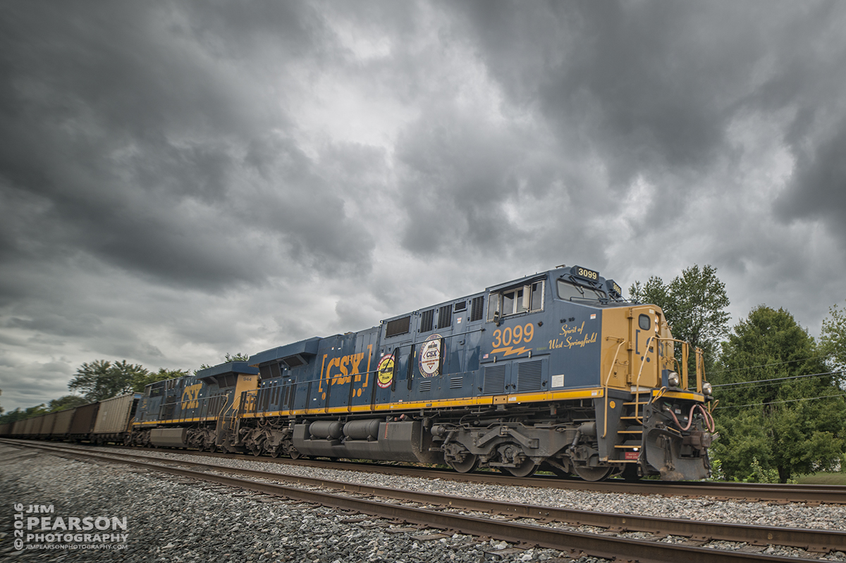 August 12, 2016 ? A CSX empty coal train with CSXT 3099, Spirit of West Springfield and CSX Safety Train engine, heads north through Hanson, Ky  on the Henderson Subdivision.  Tech Info: 1/1600 | f/2.8 | ISO 110 | Lens: Rokinon 14mm with a Nikon D800 shot and processed in RAW.