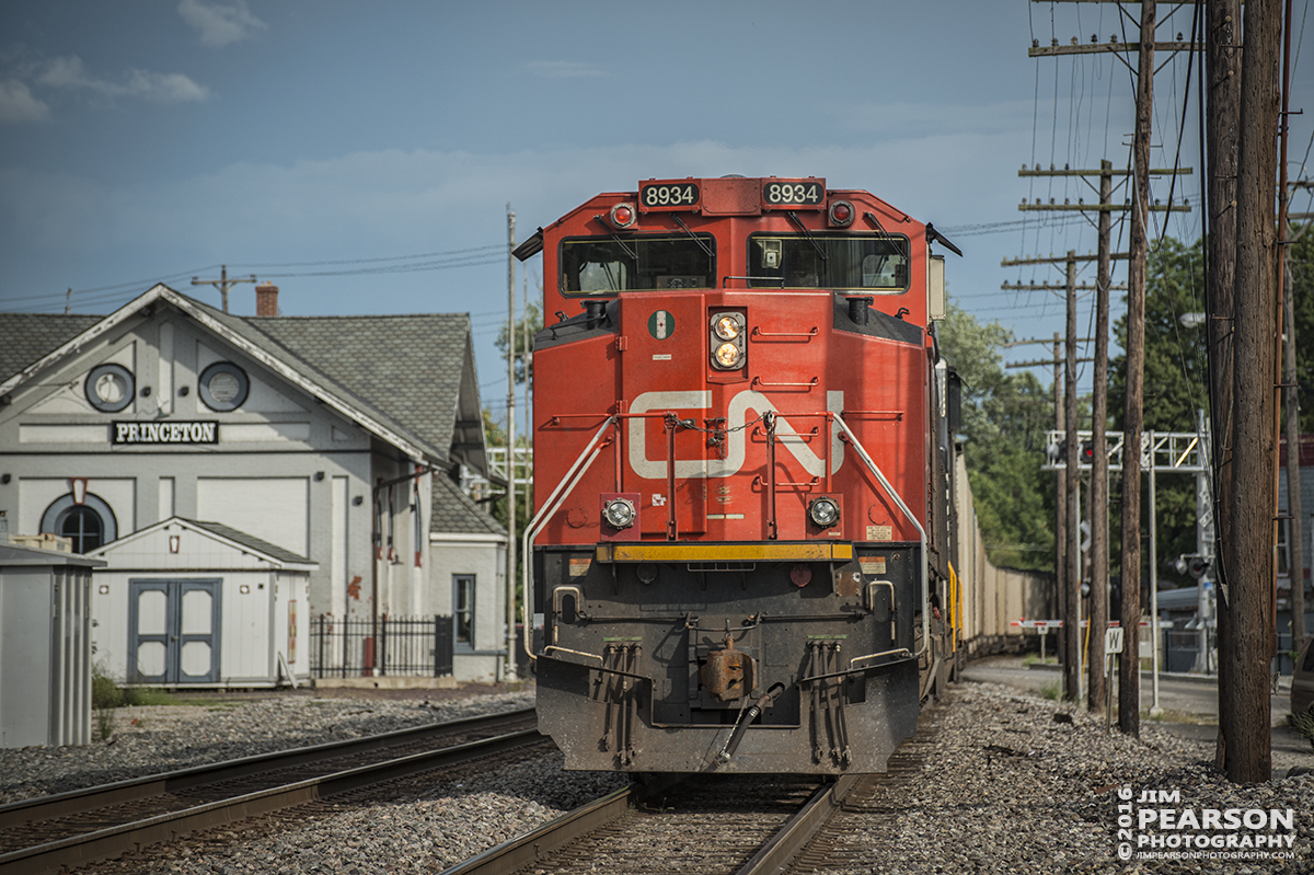 August 20, 2016 - Canadian National 8934 brings up the rear end, as a DPU, passing the Princeton, Indiana depot, as it heads east on a Norfolk Southern loaded coal train.