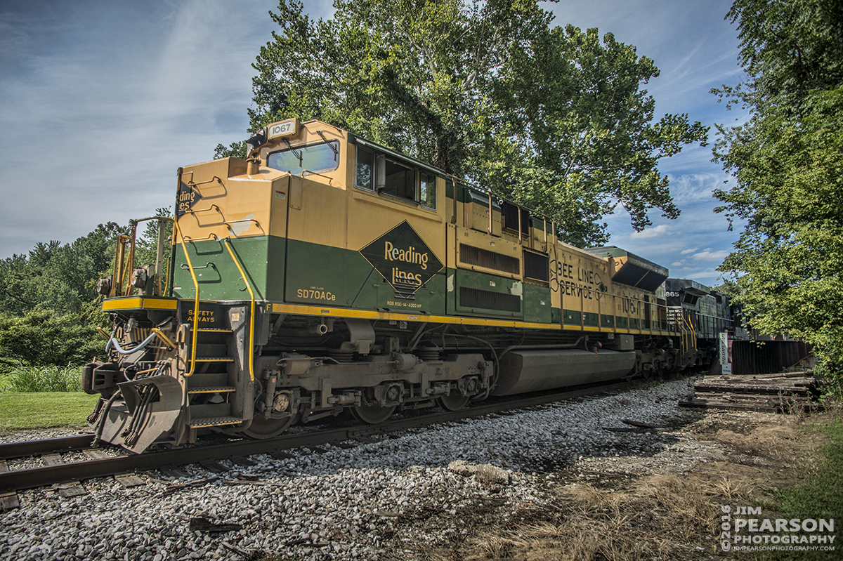 August 23, 2016 - Norfolk Southern, NS 1067 (EMD SD70ACe), the Reading Lines Heritage Unit, leads a loaded coal train as it heads south off the White River Bridge at Petersburg, Indiana on the Indiana Southern Railroad.