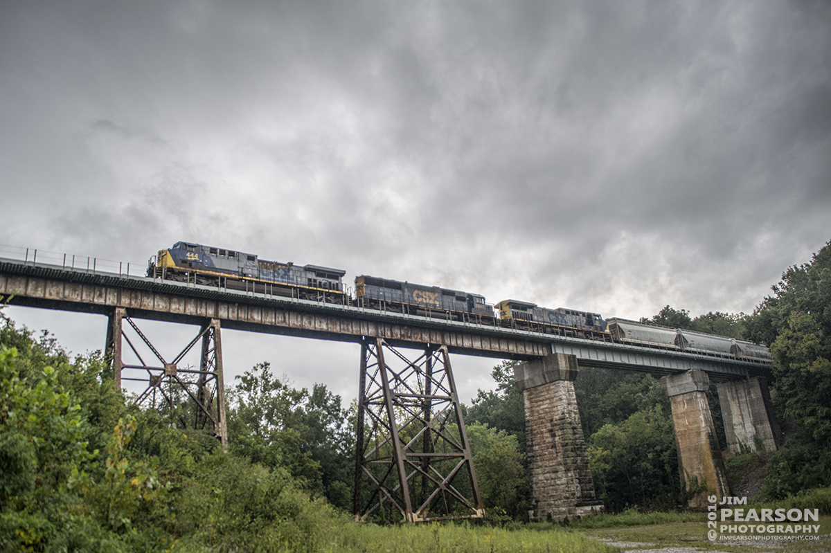 September 10, 2016 - CSX Q515-10 (Indianapolis, IN - Nashville, TN) heads across the Sulfur Creek Trestle at Springfield, Tn as it makes its way south on the Henderson Subdivision with CSXT 444 leading the way and 8667 and 96 trailing.