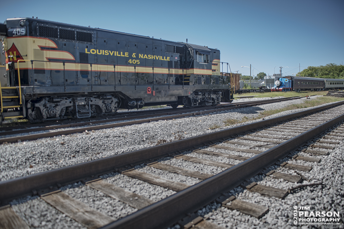 September 10, 2016 - Louisville and Nashville 405 sits in the yard at the Tennessee Central Railway Museum as Thomas the Tank Engine leads a passenger train back into the yard at Nashville, Tennessee during "A Day out with Thomas" event.