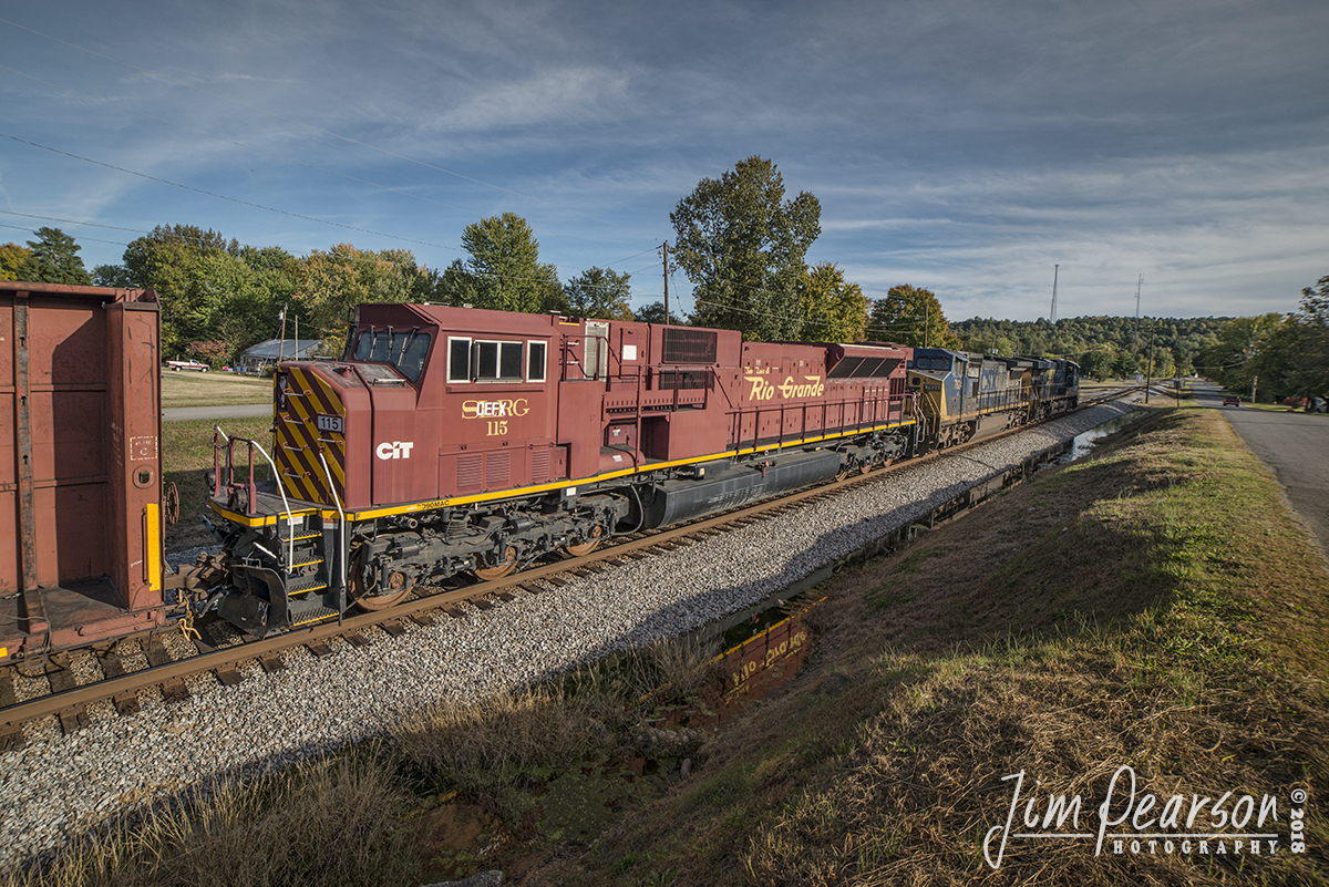 October 24, 2018 - CIT CEFX 115, ex-San Luis & Rio Grande, brings up the rear on CSX Q647's power consist, as it heads through Mortons Gap, Ky, on it's way  south along the Henderson Subdivision.

According to Wikipedia: The San Luis and Rio Grande Railroad is a class III railroad operating in Colorado. The SLRG began operations in 2003 using 154 miles of former Denver and Rio Grande Western Railroad tracks on three lines radiating from Alamosa, Colorado. - #jimstrainphotos #kentuckyrailroads #trains #nikond800 #railroad #railroads #train #railways #railway #csx #csxrailroad