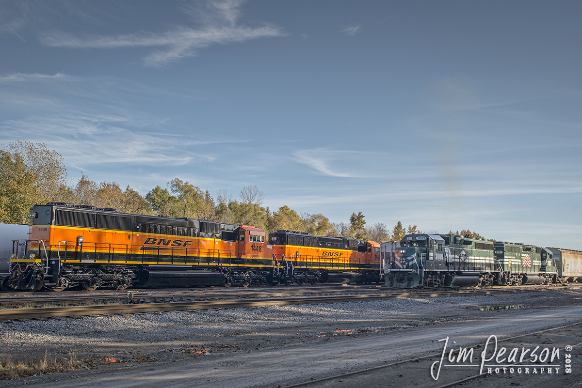 October 29, 2018 - Newly refurbished by the NRE shops at Paducah or Progress Rail in Mayfield (not sure which), BNSF 60M's 1448 and 1442 sit in the north end of the Paducah and Louisville Railway yard at Paducah, Ky as PAL 3809 and Salute the Troops 2127, work on building a train. - #jimstrainphotos #kentuckyrailroads #trains #nikond800 #railroad #railroads #train #railways #railway #bnsf #palrailway #paducahandlouisvillerailway